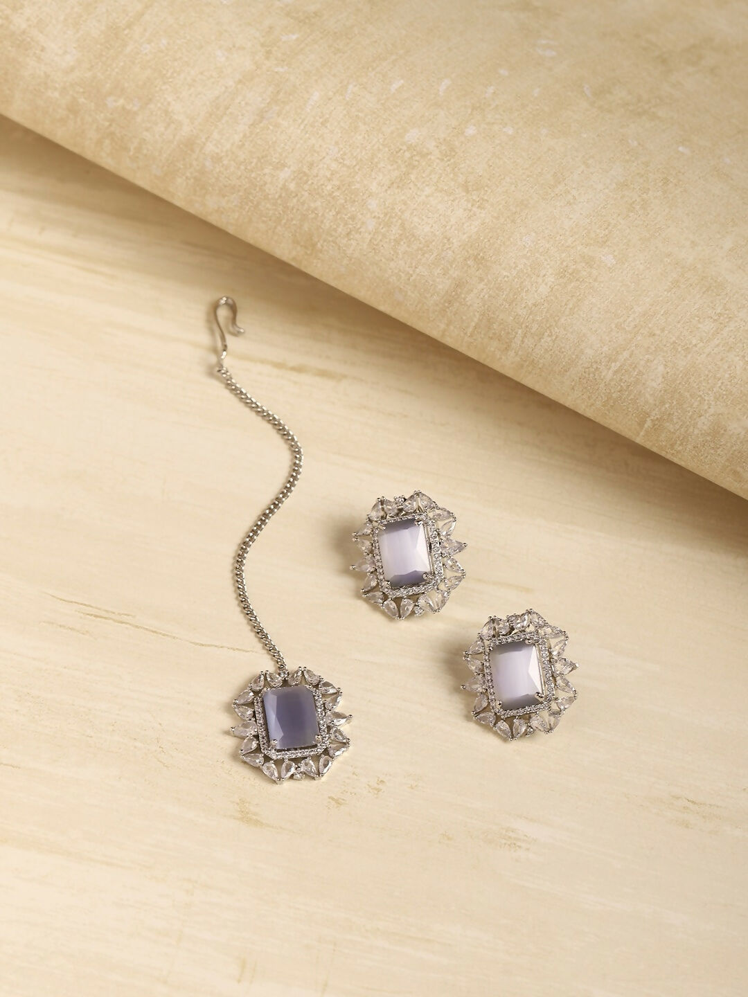 Diamond and Stone Earrings with Maang Tikka- Ruby Raang