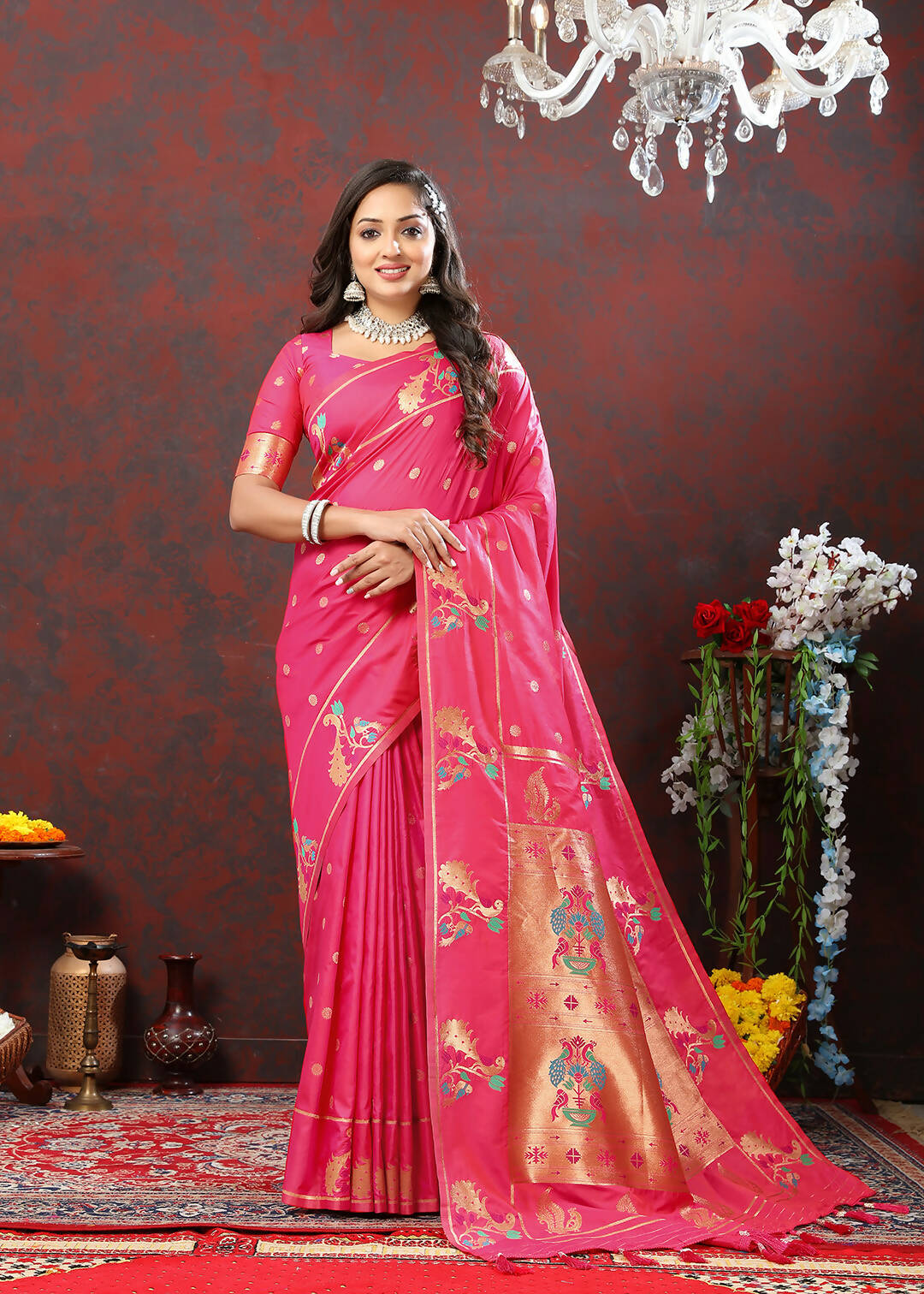 Lorenvalley Fashion Pink Soft Paithani Silk Woven Design Copper Zari Meenakari Weaving Saree