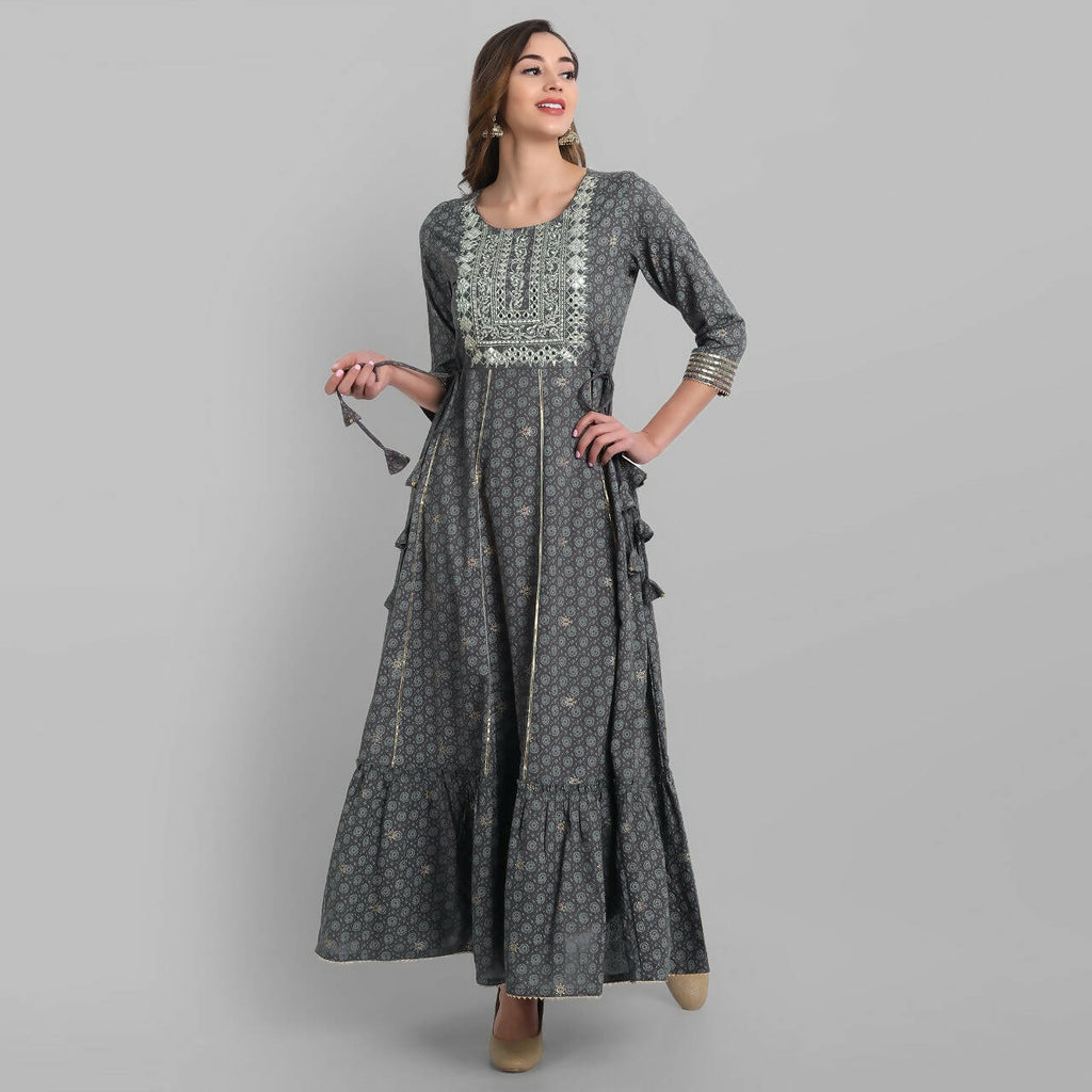 Juniper Grey Rayon Festive Wear Embroidered Tiered Long Dress
