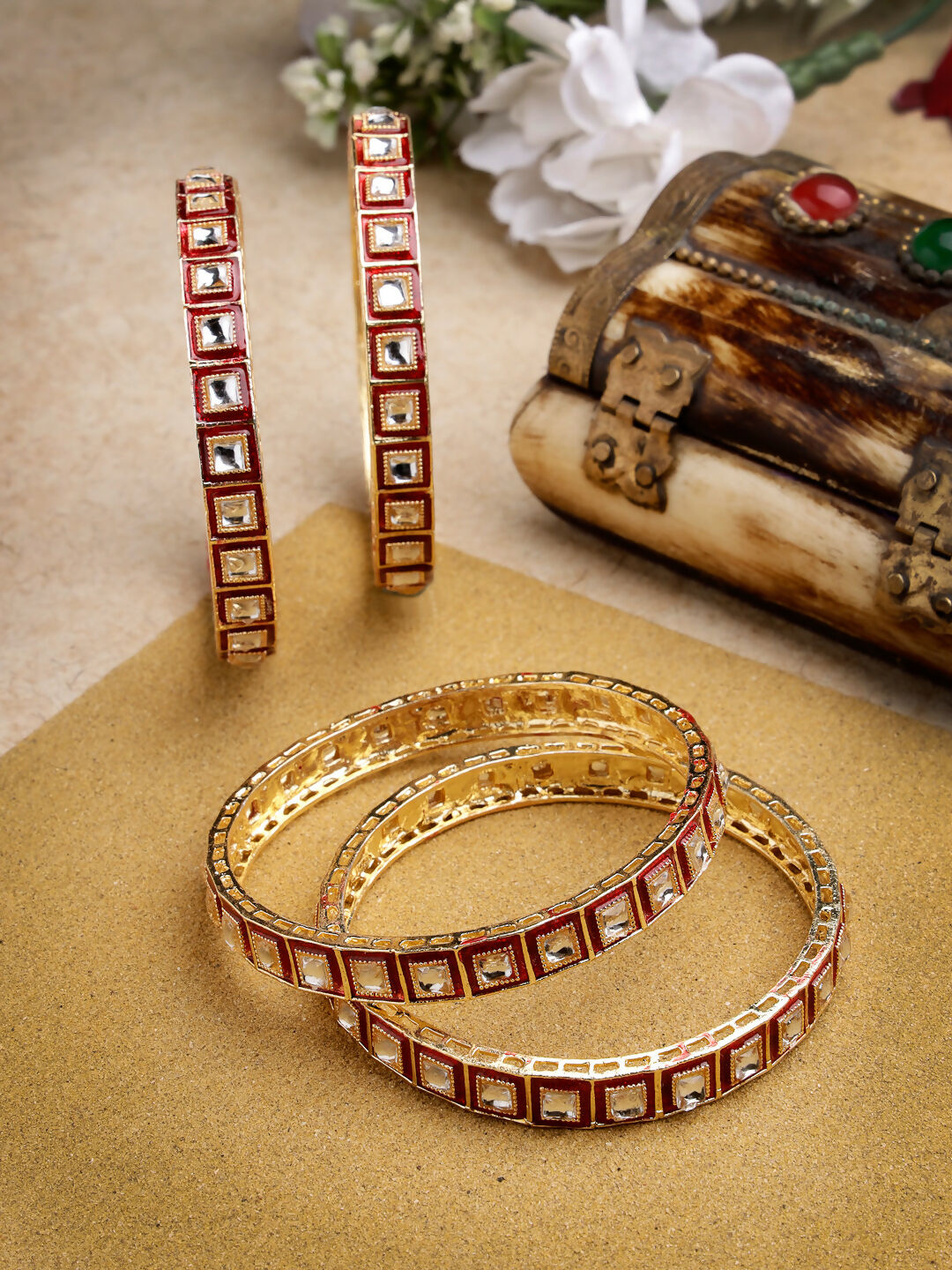 NVR Women's Set Of 4 Gold-Polished Red Kundan-Studded Traditional Bangles
