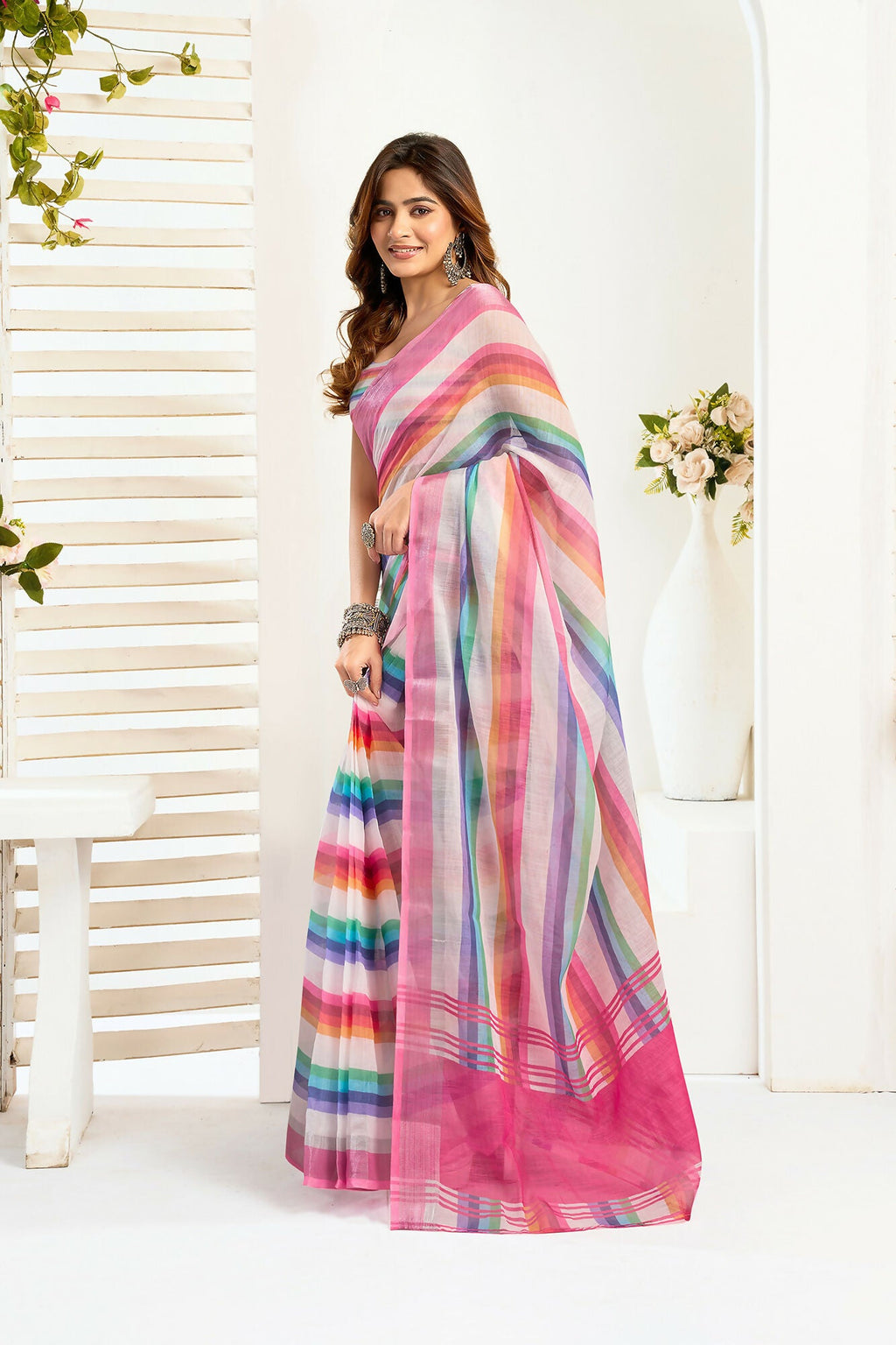 Vastranavya Rainbow Digital Printed Linen Ready To Wear Designer Saree with Unstitched Blouse