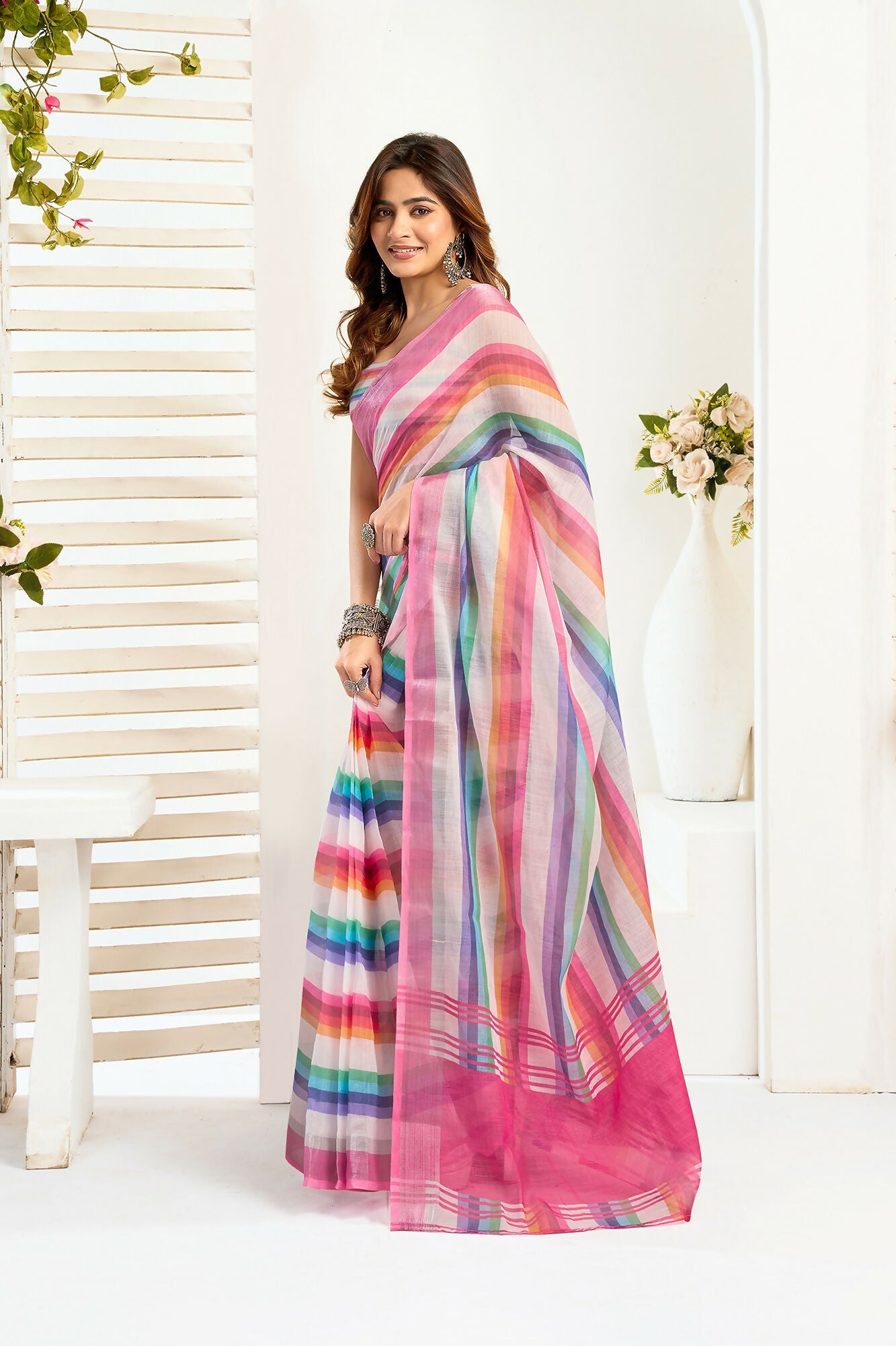 Vastranavya Rainbow Digital Printed Linen Ready To Wear Designer Saree with Unstitched Blouse