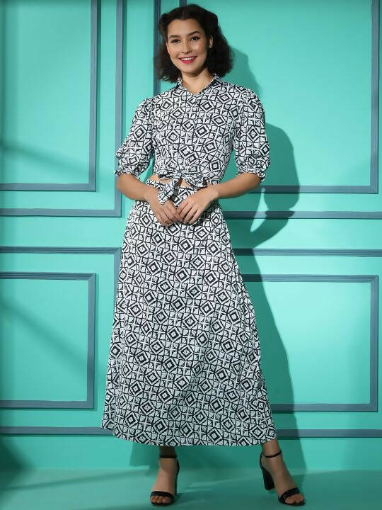 White Crepe Geometric Printed Top with Matching Skirt - Shivani