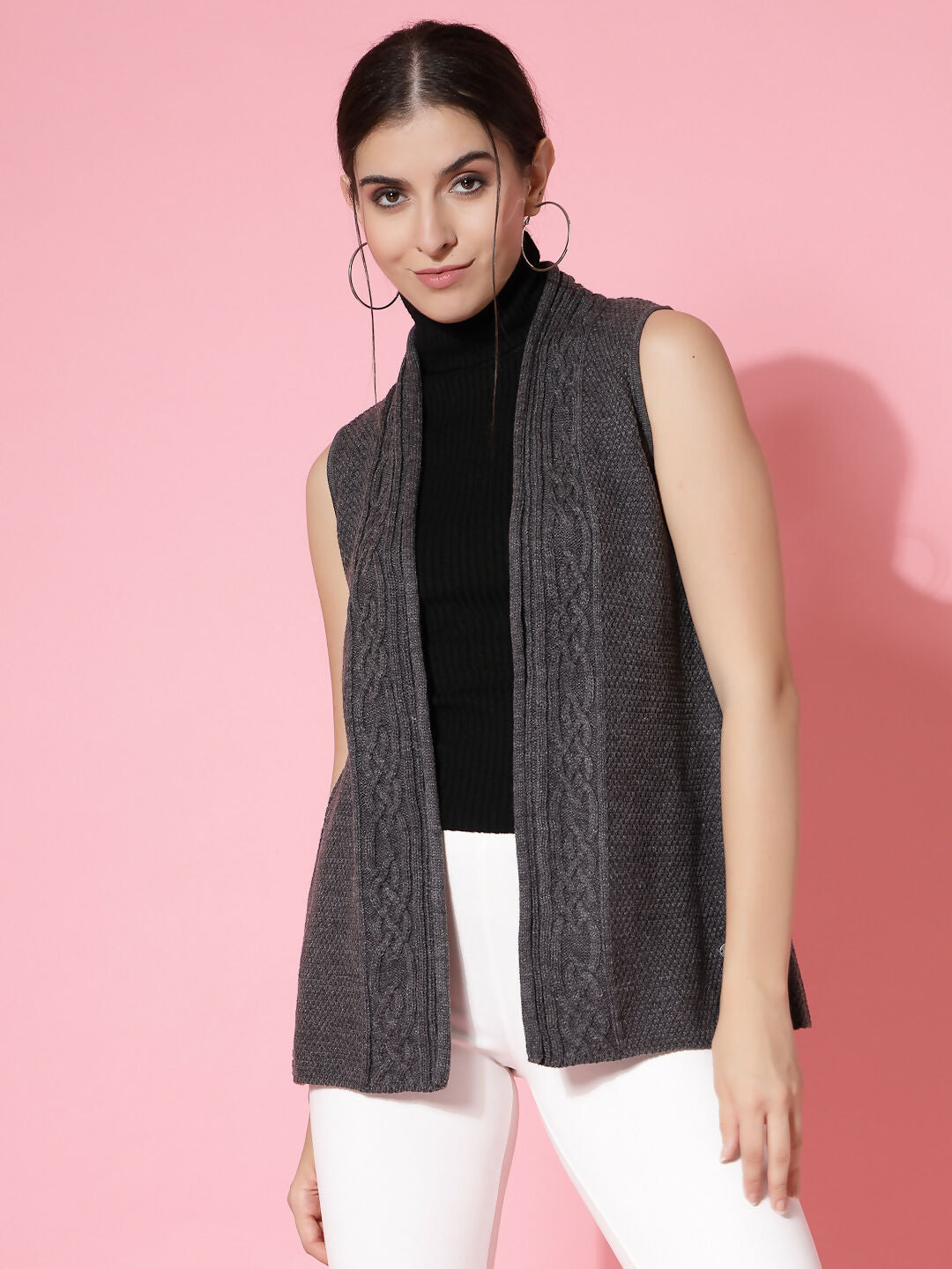 Women Charcoal Acrylic Self Design Winter Cardigan - Wool Trees