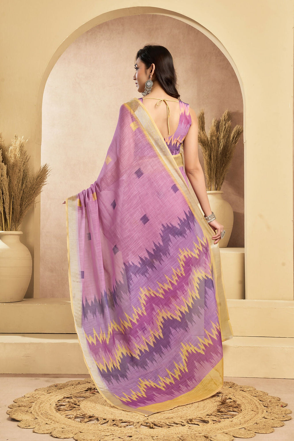 Vastranavya Onion Pink Digital Printed Linen Ready To Wear Pocket Saree with Unstitched Blouse