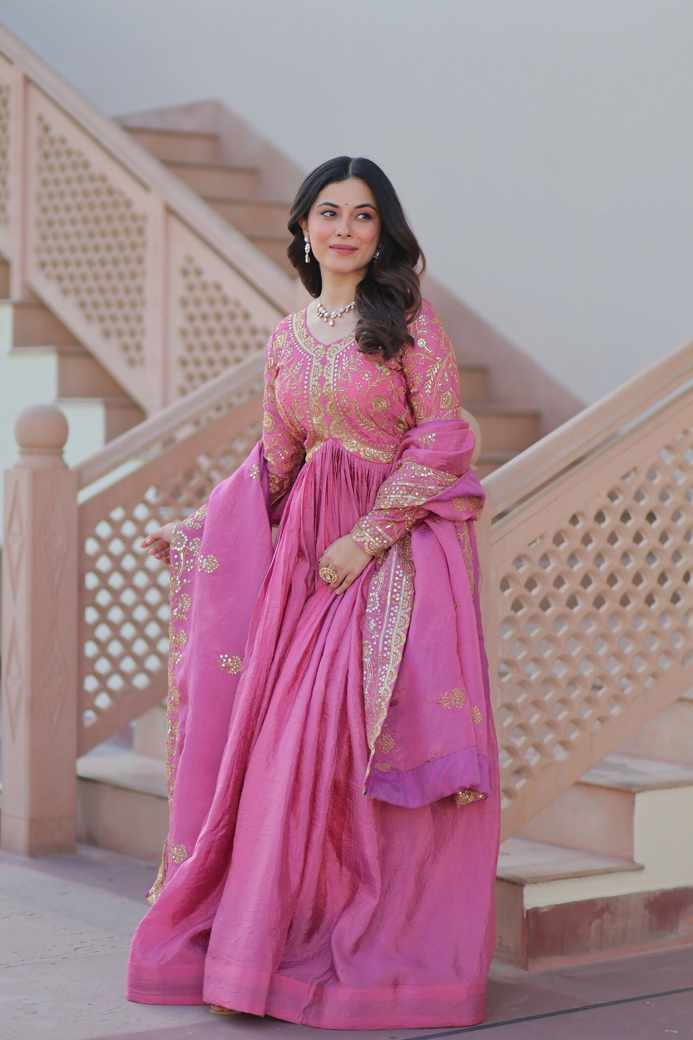 Joban Fashion Pink Crush Sequence Embroidery Work Kurta Set
