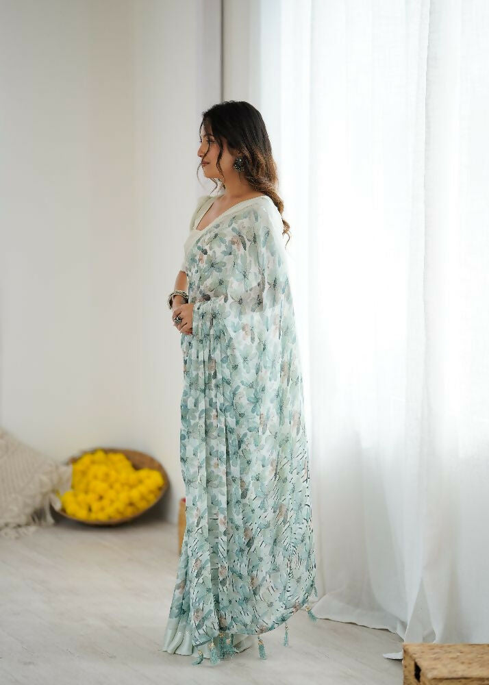 PR Fashion See_Green Bright Moss Satin Patta Printed Saree