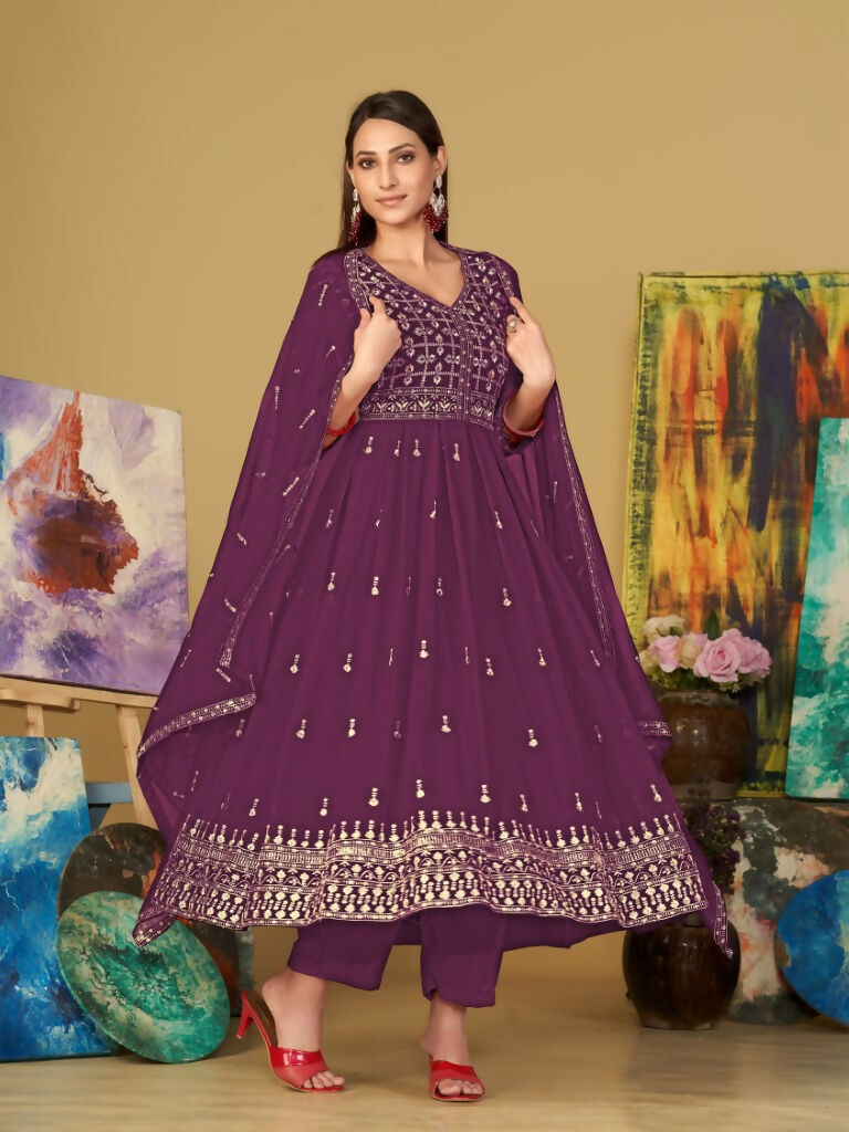 Jyoti Fashion Women's Purple Georgette Embroidered Anarkali Kurta Pant Set With Dupatta