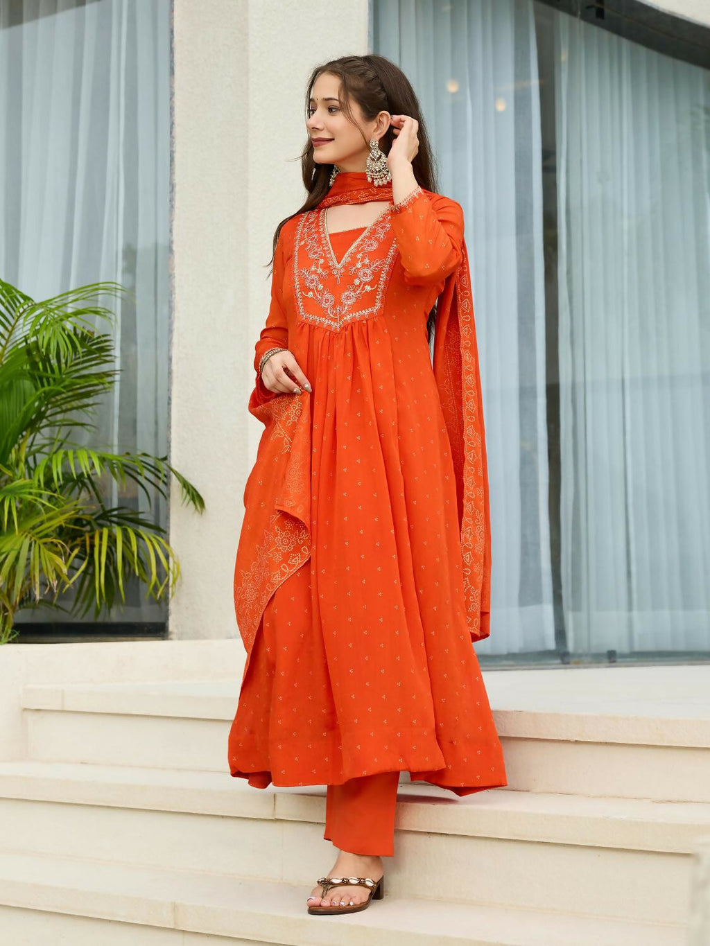 The52 Orange Women's Gorgeous Embroidered Chinon Fabric Flared Kurta Pant and Dupatta Set