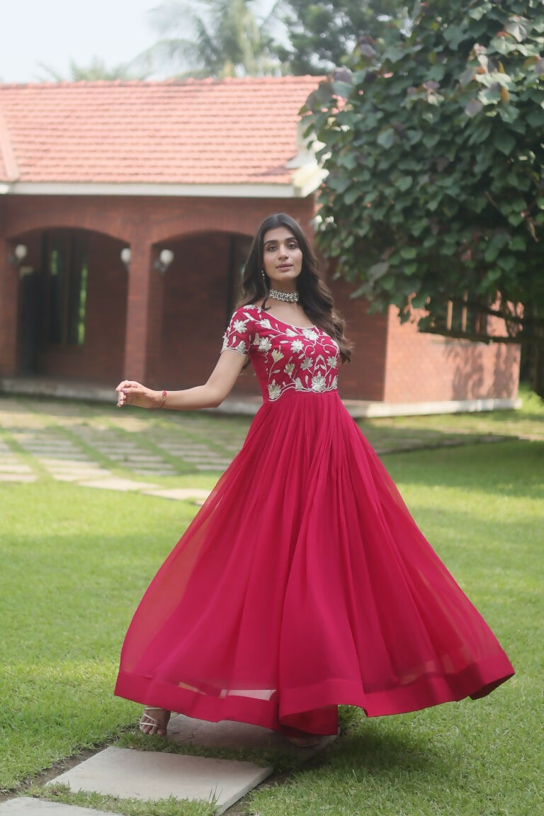 Jyoti Fashion Women's Rani Pink Sequins Embroidered Faux Georgette Anarkali Dress