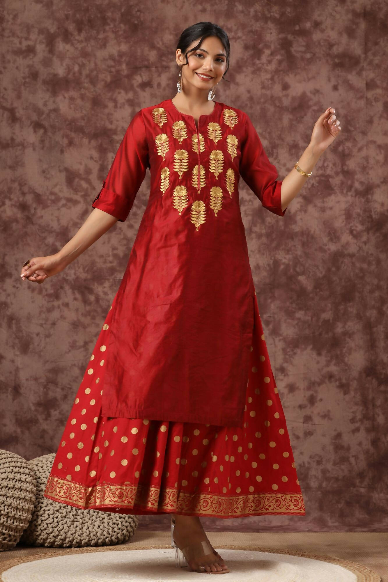 Juniper Women Maroon Chanderi Silk Embroidered & Printed Layered Dress