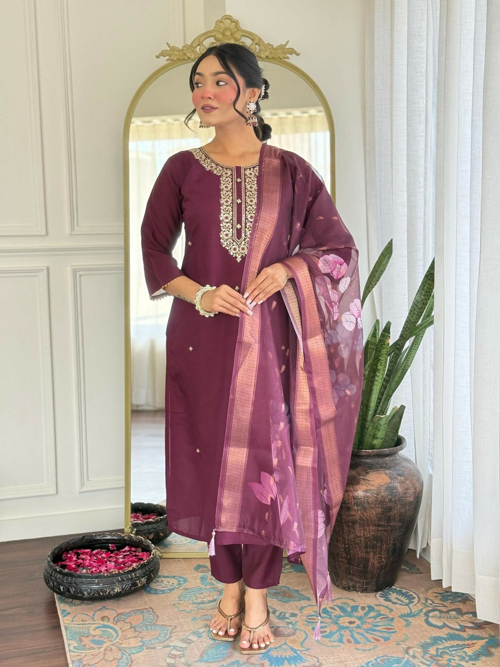 The52 Wine Women's Gorgeous Rayon Fabric Embroidered Work Straight Kurta Pant and Dupatta Set