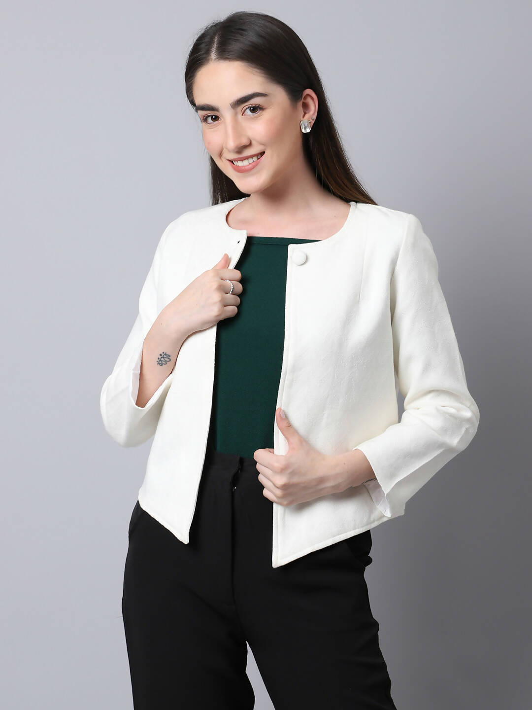 Even Apparels White 100% Viscose Open Front Statement Women's Jacket