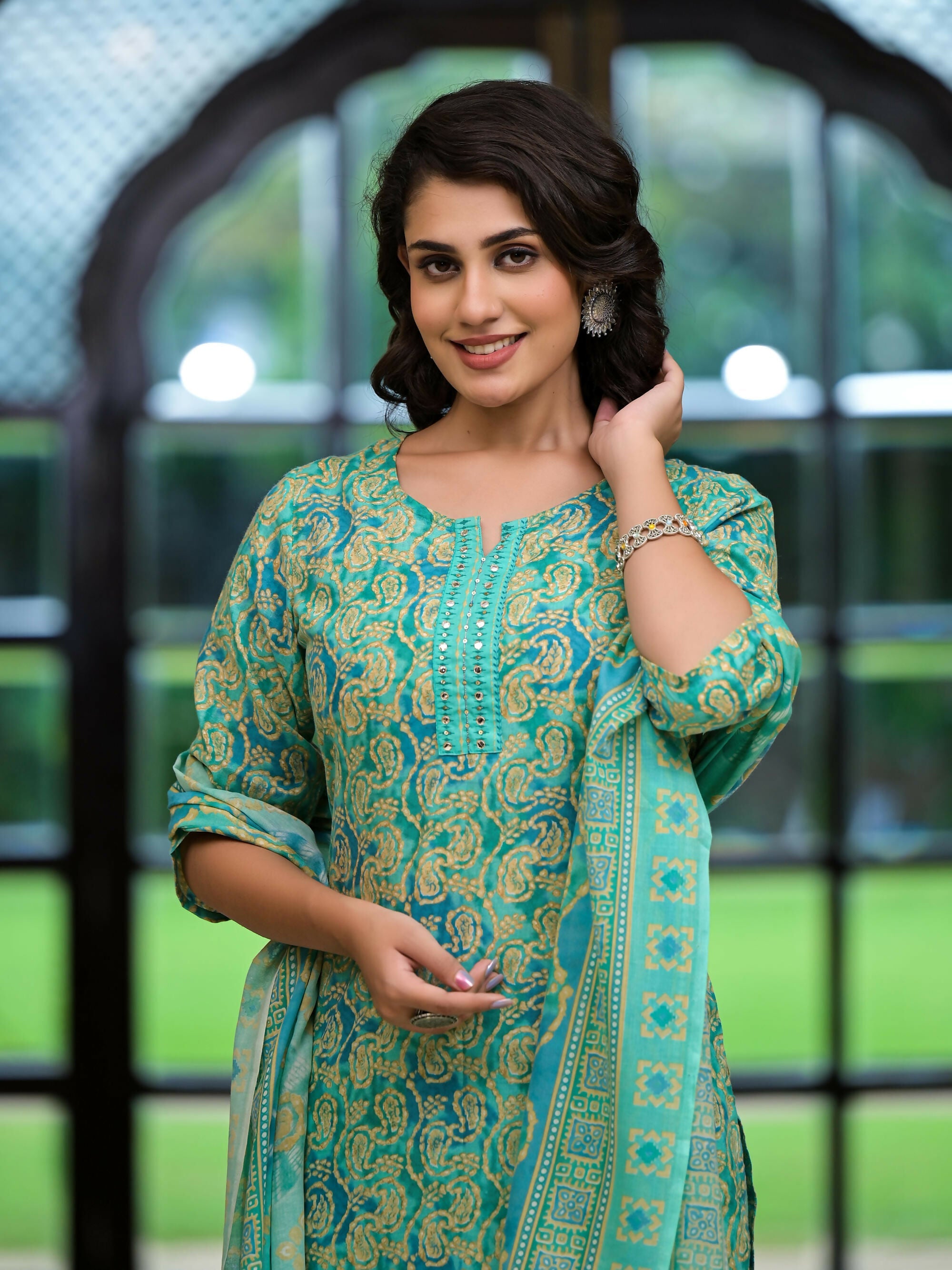Juniper Women's Green Ethnic Motif Printed Cotton Kurta Pant And Dupatta Set With Mirror Work & Sequins