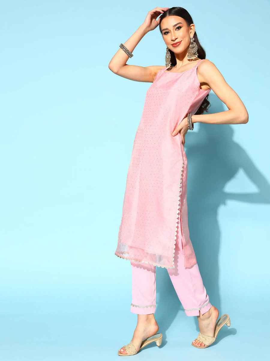 Ahalyaa Women Pastel Pink Colour Organza Glitter Printed Kurta Pant Set With Dupatta