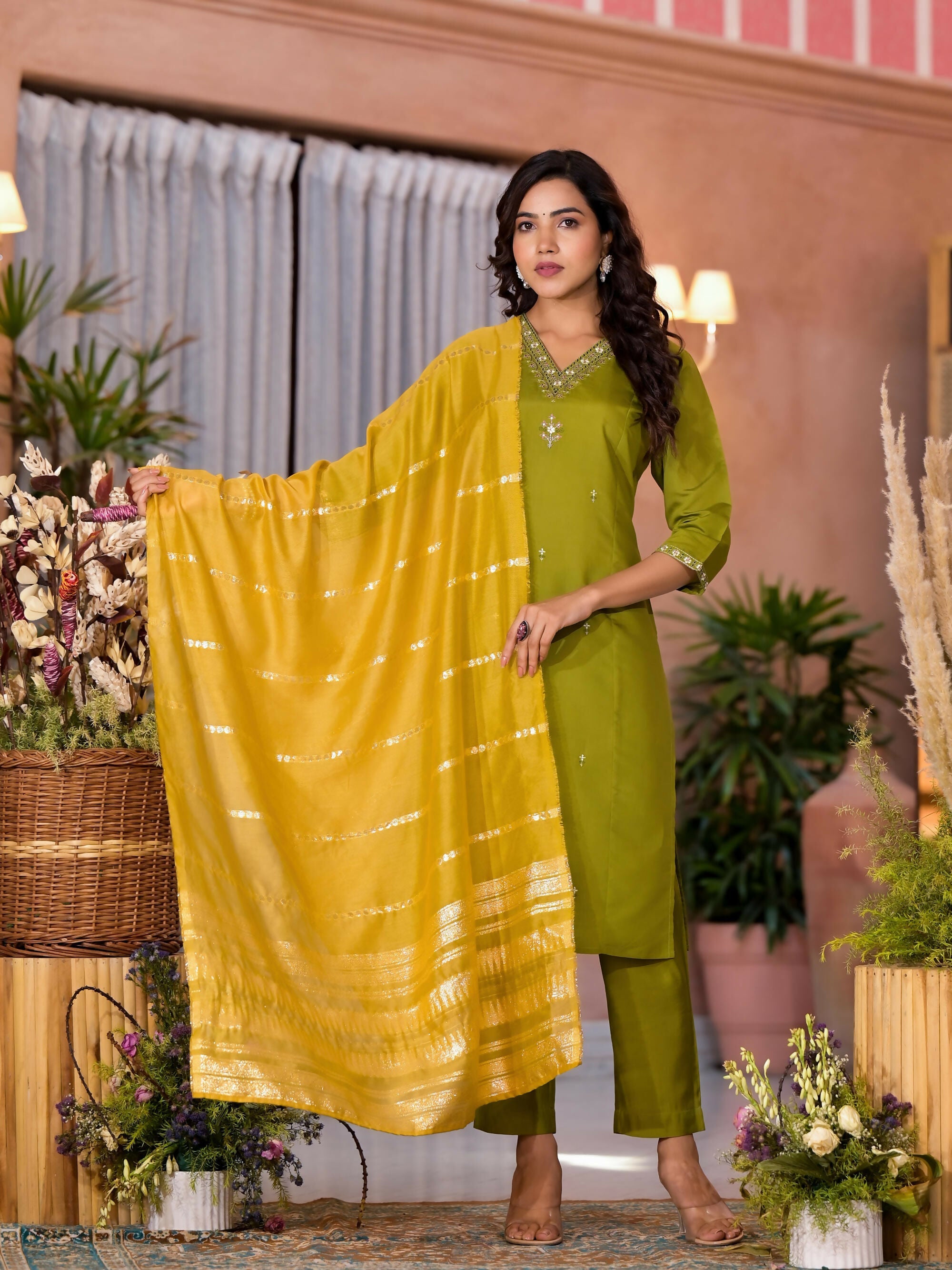 Juniper Women's Green Zari & Thread Work Embroidered Viscose Kurta Pant And Dupatta Set