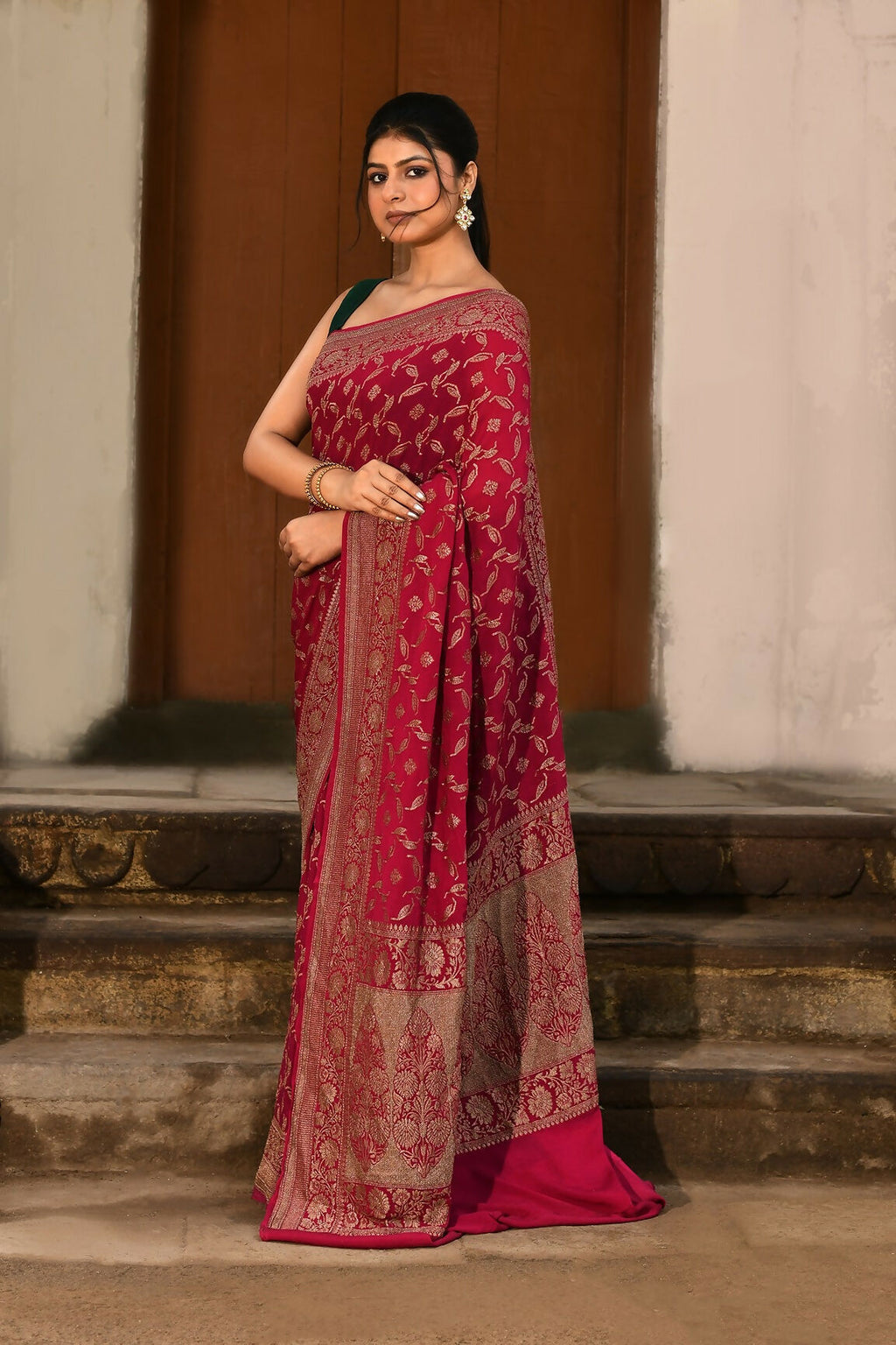 Joban Fashion Hot Pink Crepe Chiffon Banarasi Pure Handloom Banarasi Silk Saree