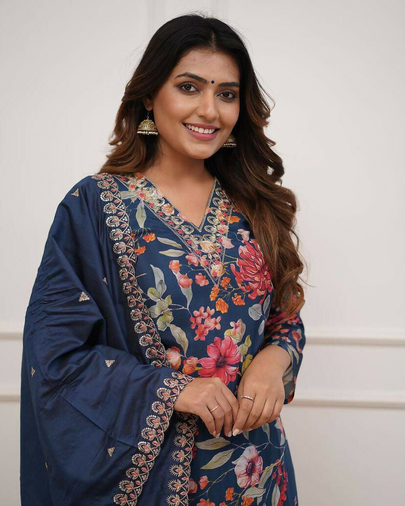 The52 Blue Women's Gorgeous Printed Pure Russian Silk Fabric Straight Kurta Pant with Dupatta Set