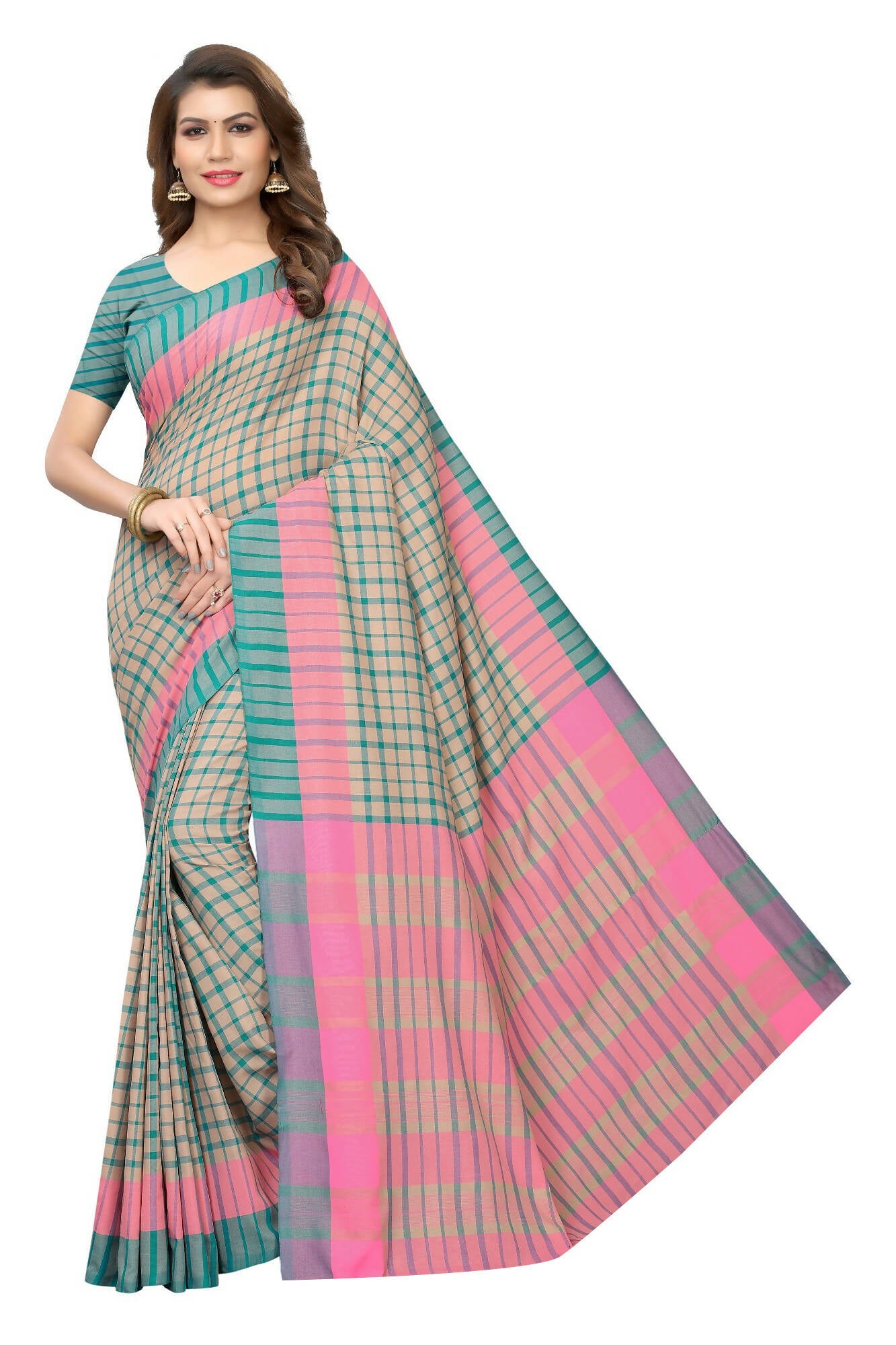 Vamika Cream Cotton Silk Weaving Saree (Terra Checks Rama)