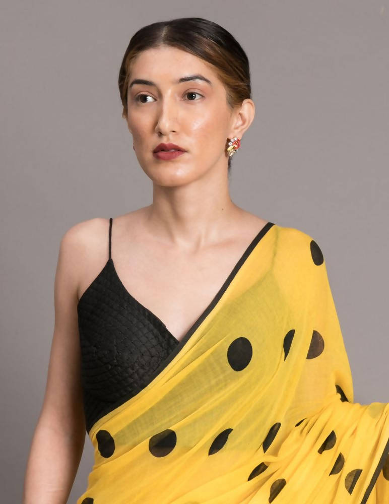Suta Yellow and Black Polka Printed Pure Cotton Saree