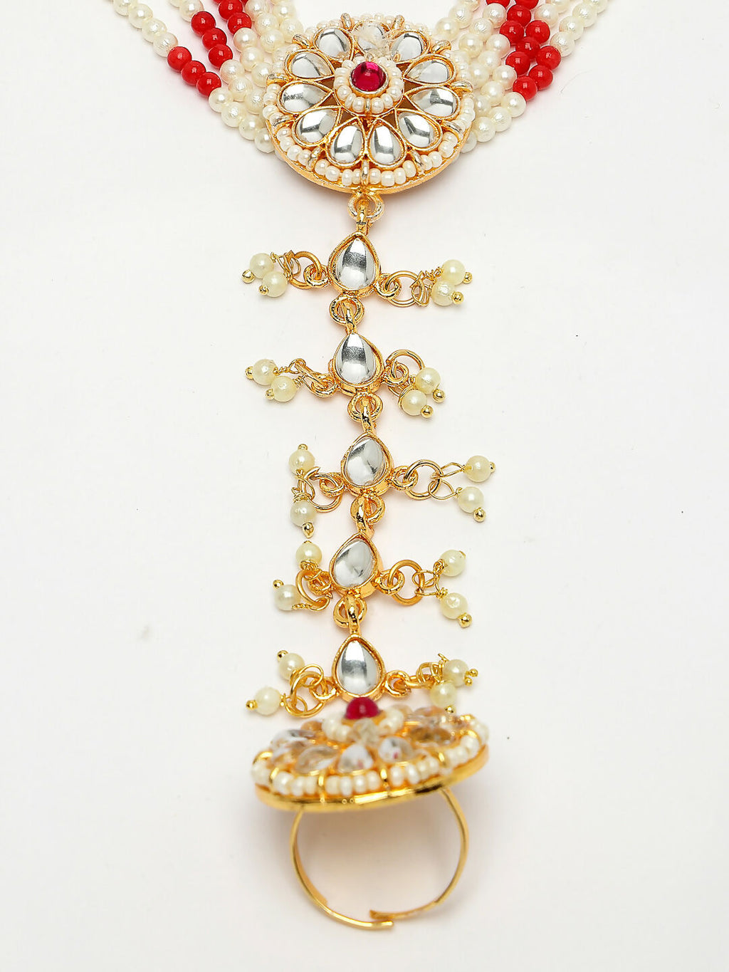 NVR Women's Red Gold-Polished Stone Studded Handcrafted Ring Bracelet