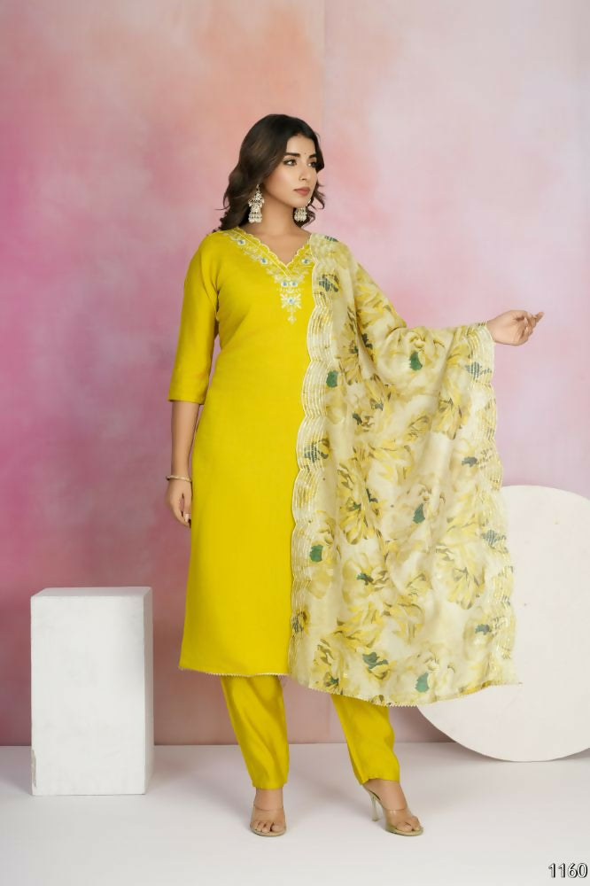 Ethnic Festive Wear Viscose Chanderi Yellow Stitched Suit With Dupatta - Tanisha
