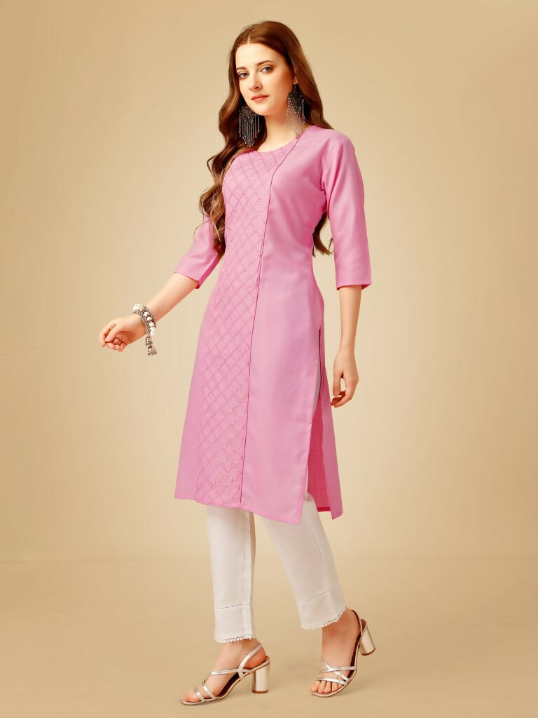 Jyoti Fashion Women's Pink Cotton Blend Embroidered Kurta Pant Set
