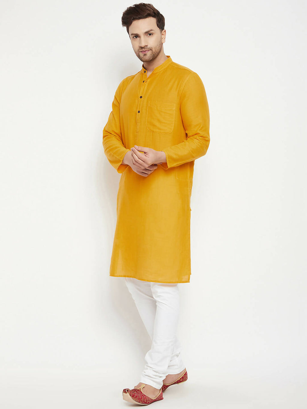 Even Apparels Yellow Pure Cotton Long Men's Kurta With Band Collar