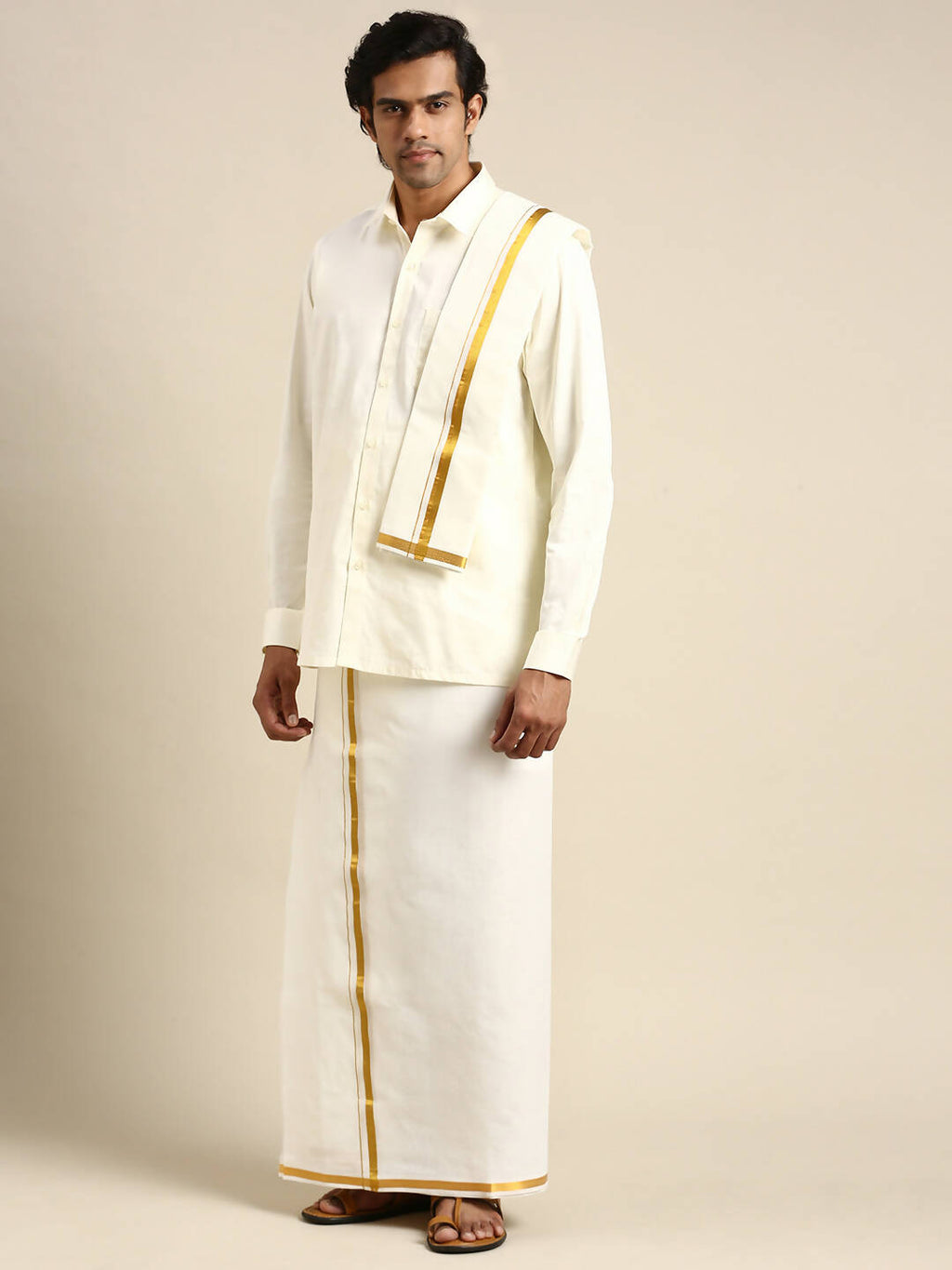 Ramraj Cotton Premium Wedding Cream Regular Dhoti, Shirt & Towel Set Golden Reward