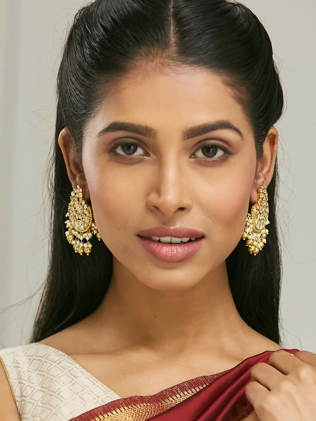 Nuyug 22K Gold-Plated Kundan Stone Studded & Pearl Drop Beaded Crescent Shaped Chandbalis