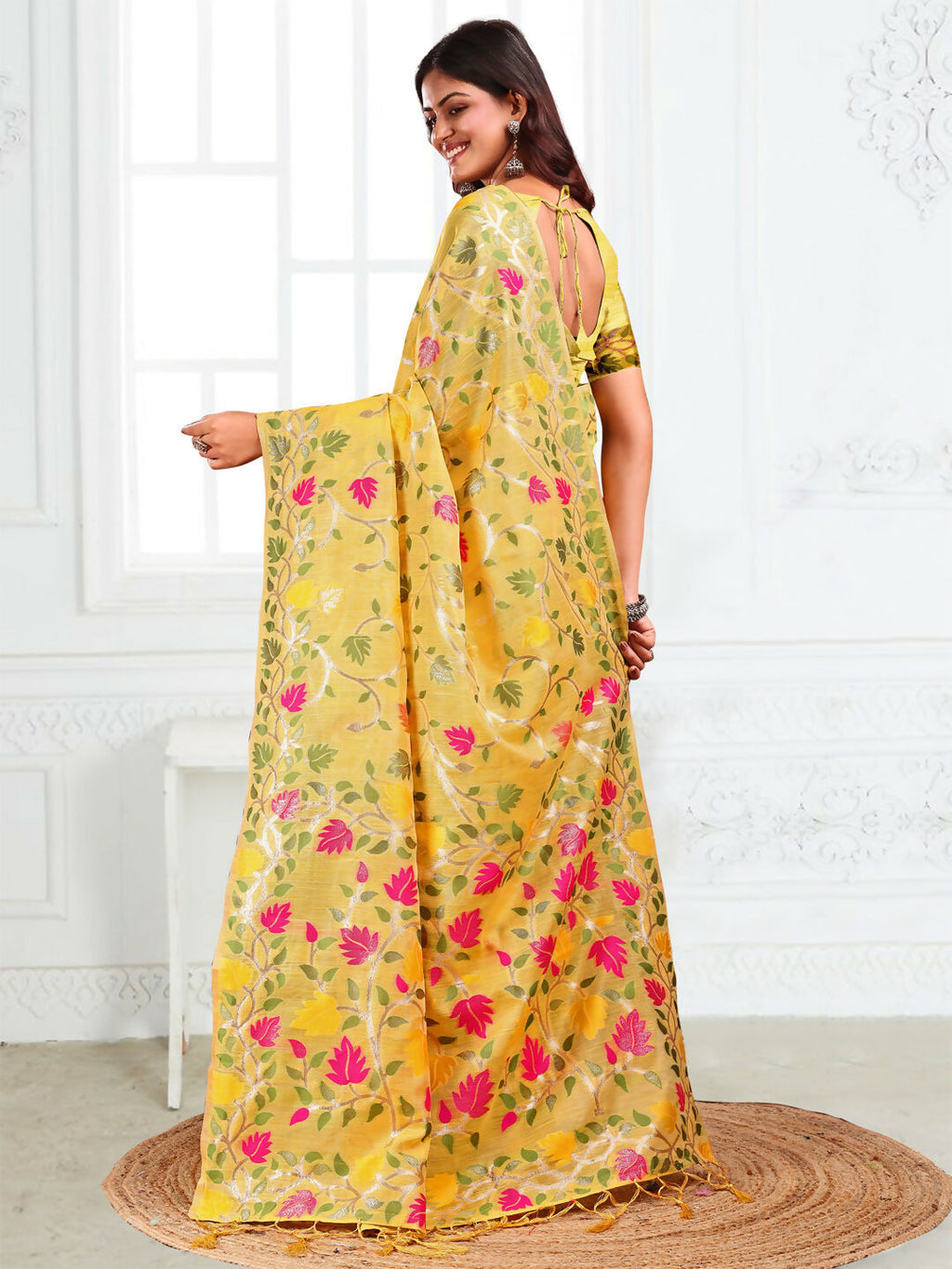 Shree Shyam Fashion Linen Cotton Yellow Saree