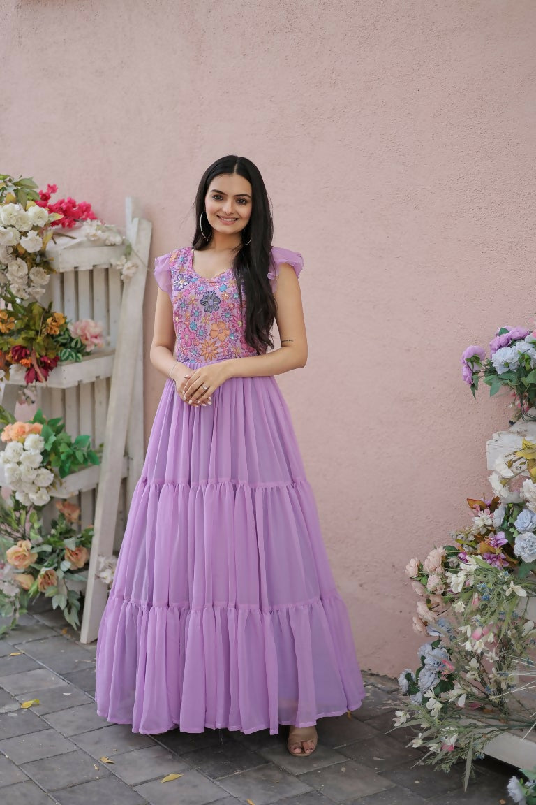 Jyoti Fashion Women's Purple Printed with Sequins Faux Georgette Anarkali Dress