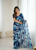 PR Fashion Blue Georgette Printed With Mirror Work Saree