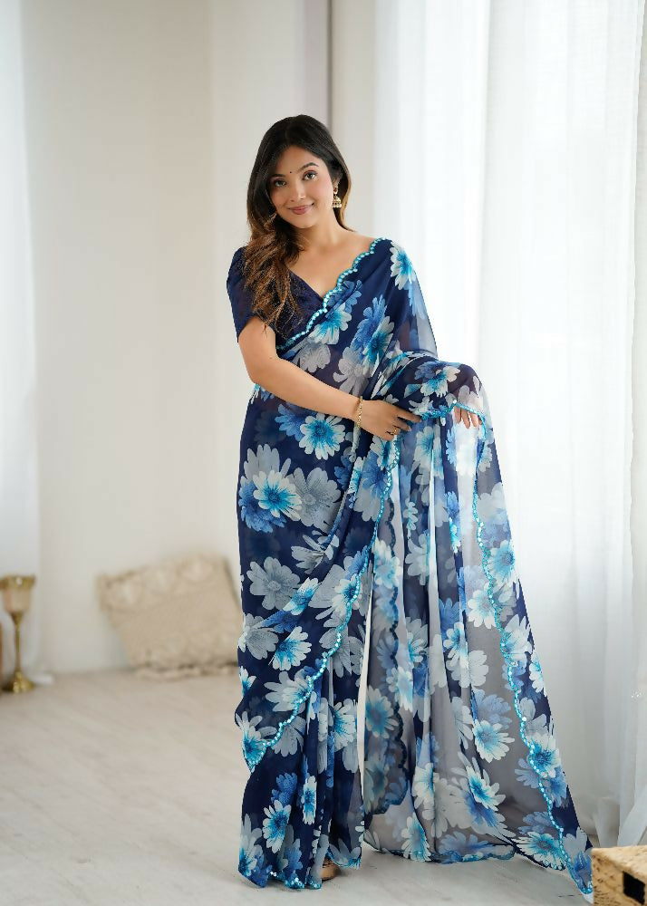 PR Fashion Blue Georgette Printed With Mirror Work Saree