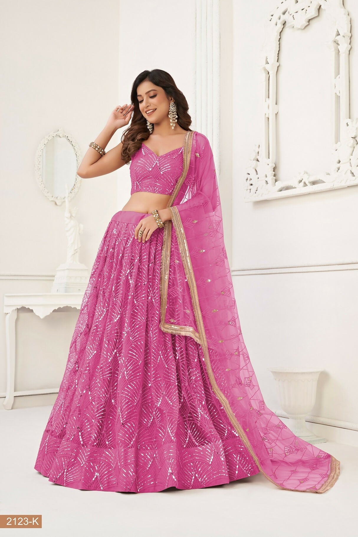Eilara Pink Thread Sequin Embroidered Net Lehenga Set