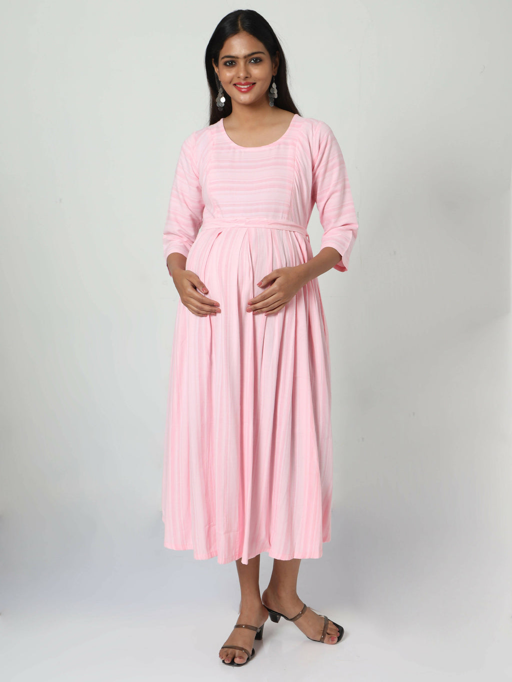 Manet Three Fourth Maternity Dress Striped With Concealed Zipper Nursing Access - Pink