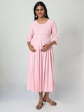 Manet Three Fourth Maternity Dress Striped With Concealed Zipper Nursing Access - Pink