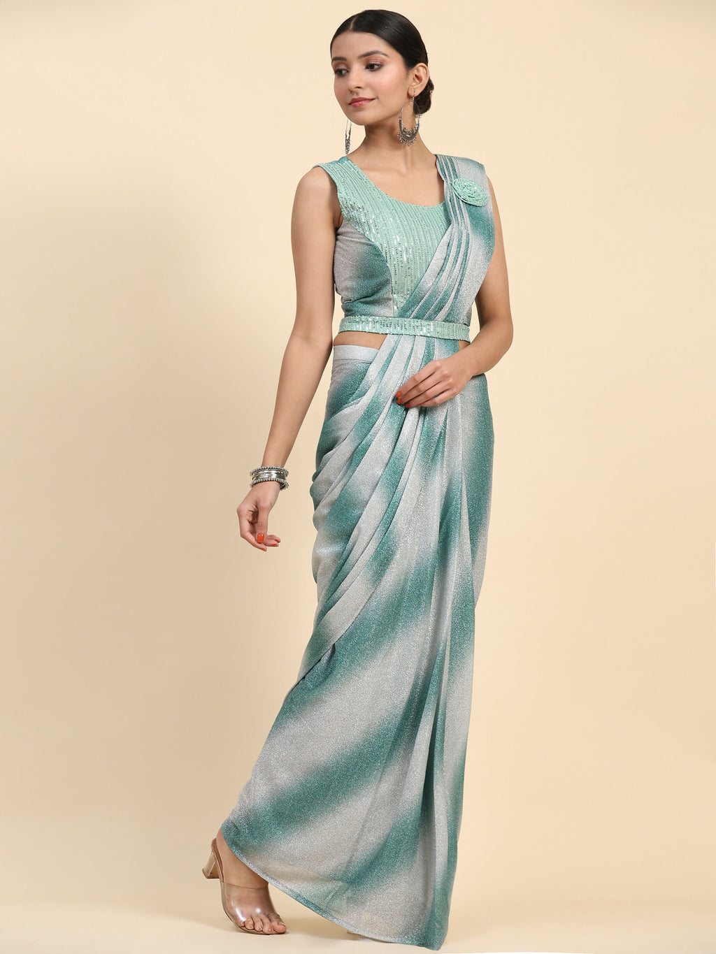 Sea Green Polyester Solid Ready to Wear Saree with stitched Blouse - Aayan