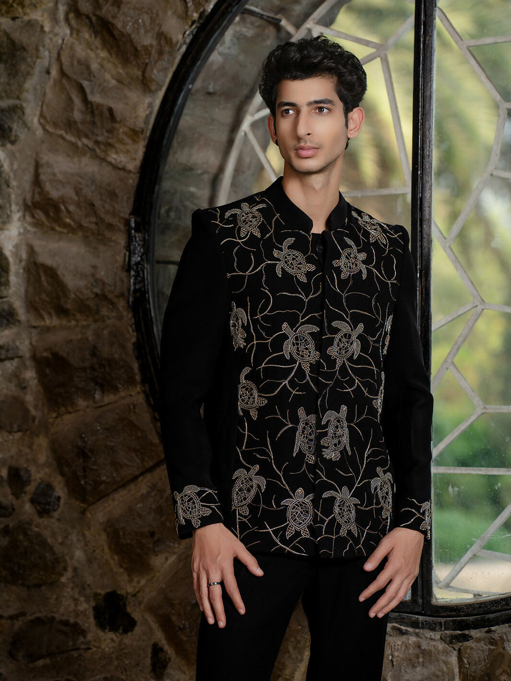Black Bandhgala With Embroidery – Zardosi Work (Deer) by Hilo Design