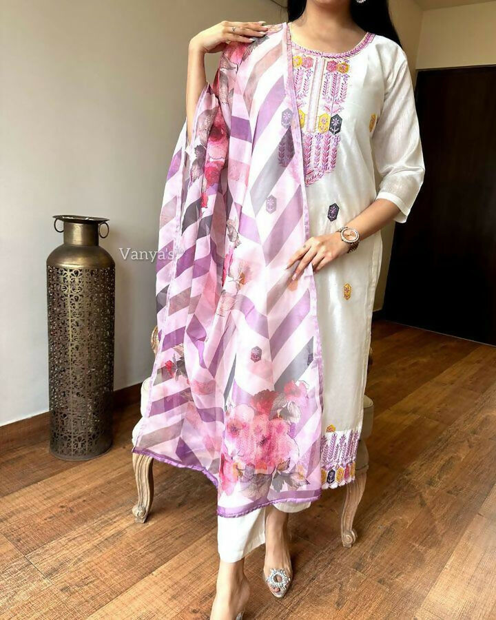 The52 Off White Women's Gorgeous Embroidered Viscose Chanderi Fabric Straight Kurta Pant with Dupatta Set