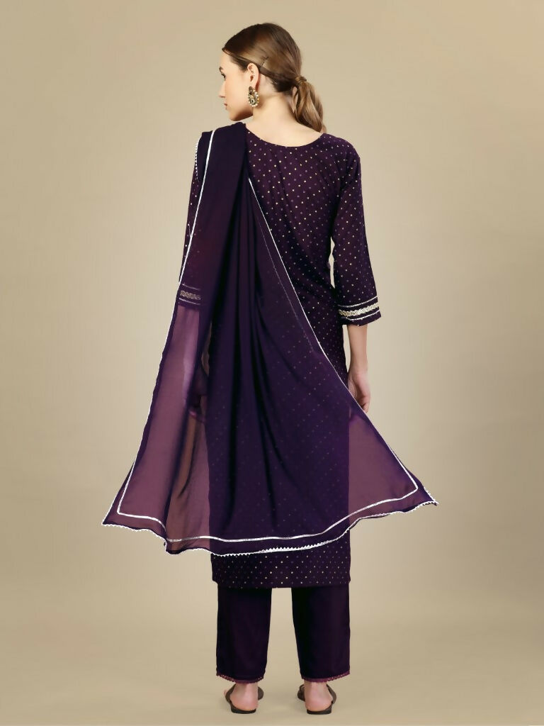 Jyoti Fashion Women's Purple Silk Blend Embroidery & Sequence work Kurta with Trouser & Dupatta
