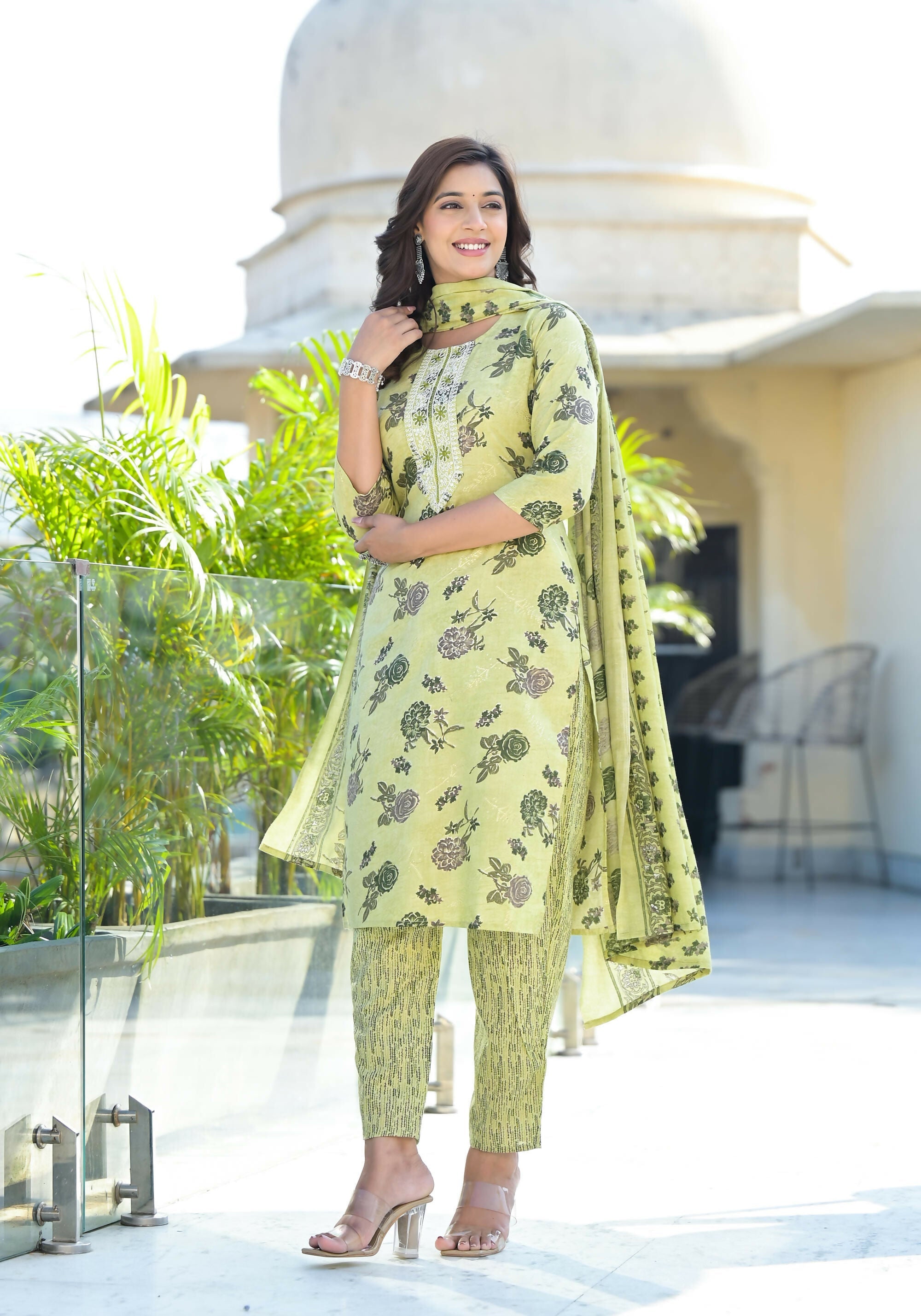 Juniper Women's Lime Green Floral Printed Cotton Kurta Set With Thread Work