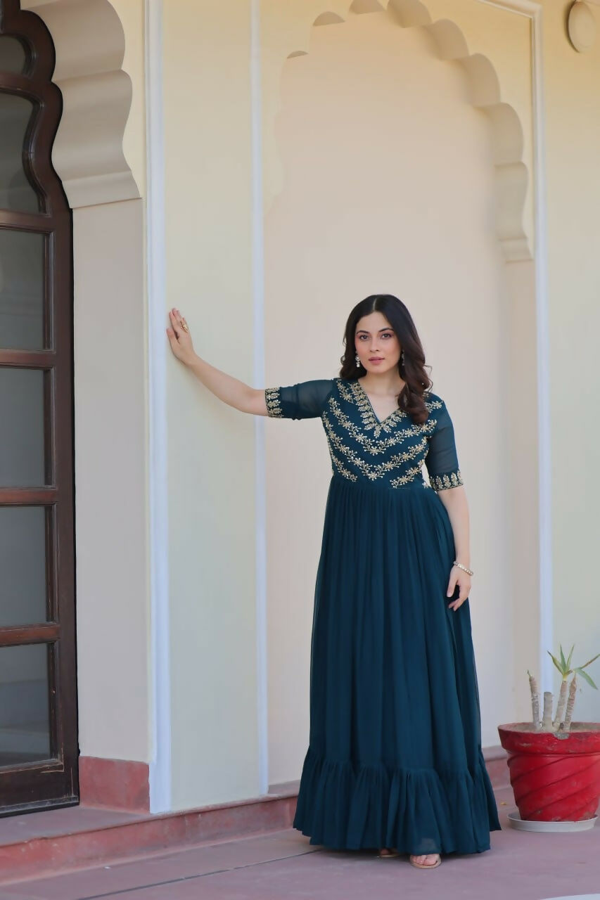 Teeya Creation Rama Color Faux Georgette Party Wear Hand Embroidery Work Long Gown