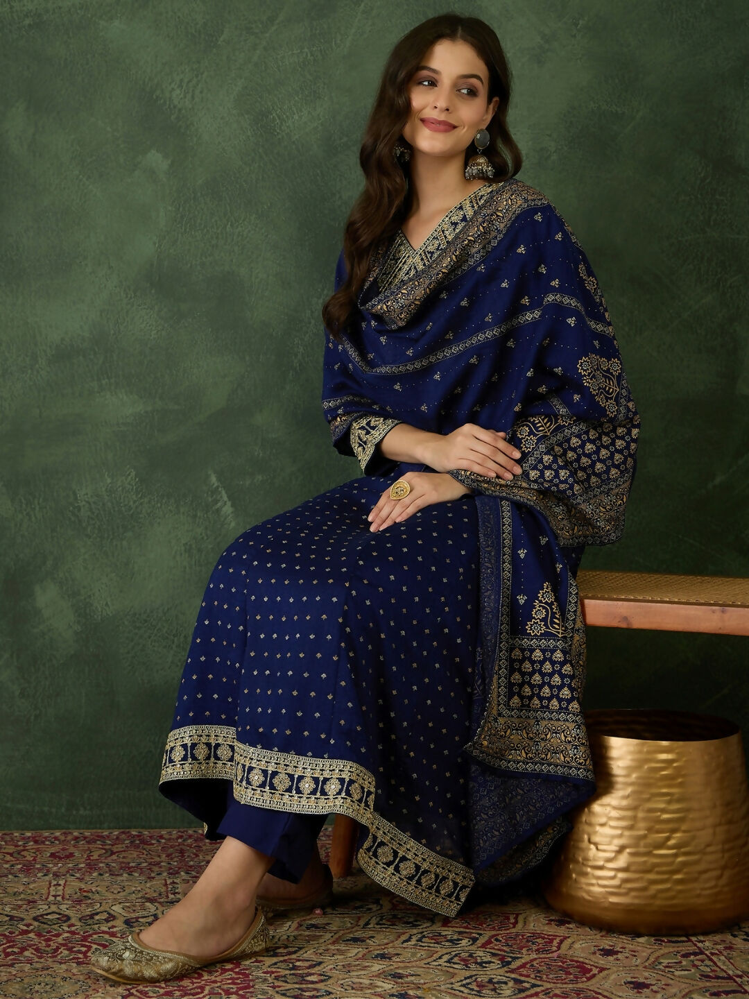 The52 Blue Women's Gorgeous Embroidered Work Vichitra Silk Fabric Flared Kurta Pant and Dupatta Set