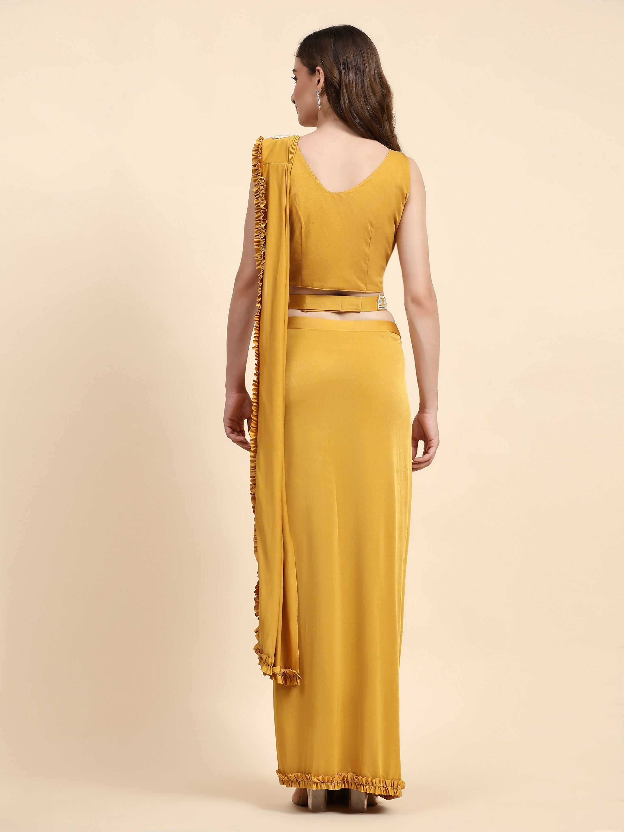 Yellow Lycra Solid Ready to wear Saree with stitched Blouse - Vanita