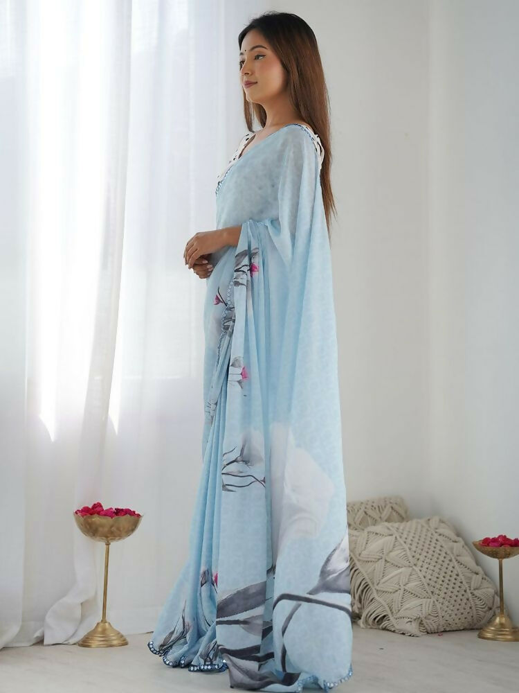 PR Fashion Denim Blue Georgette Digital Print With Mirror Work Saree