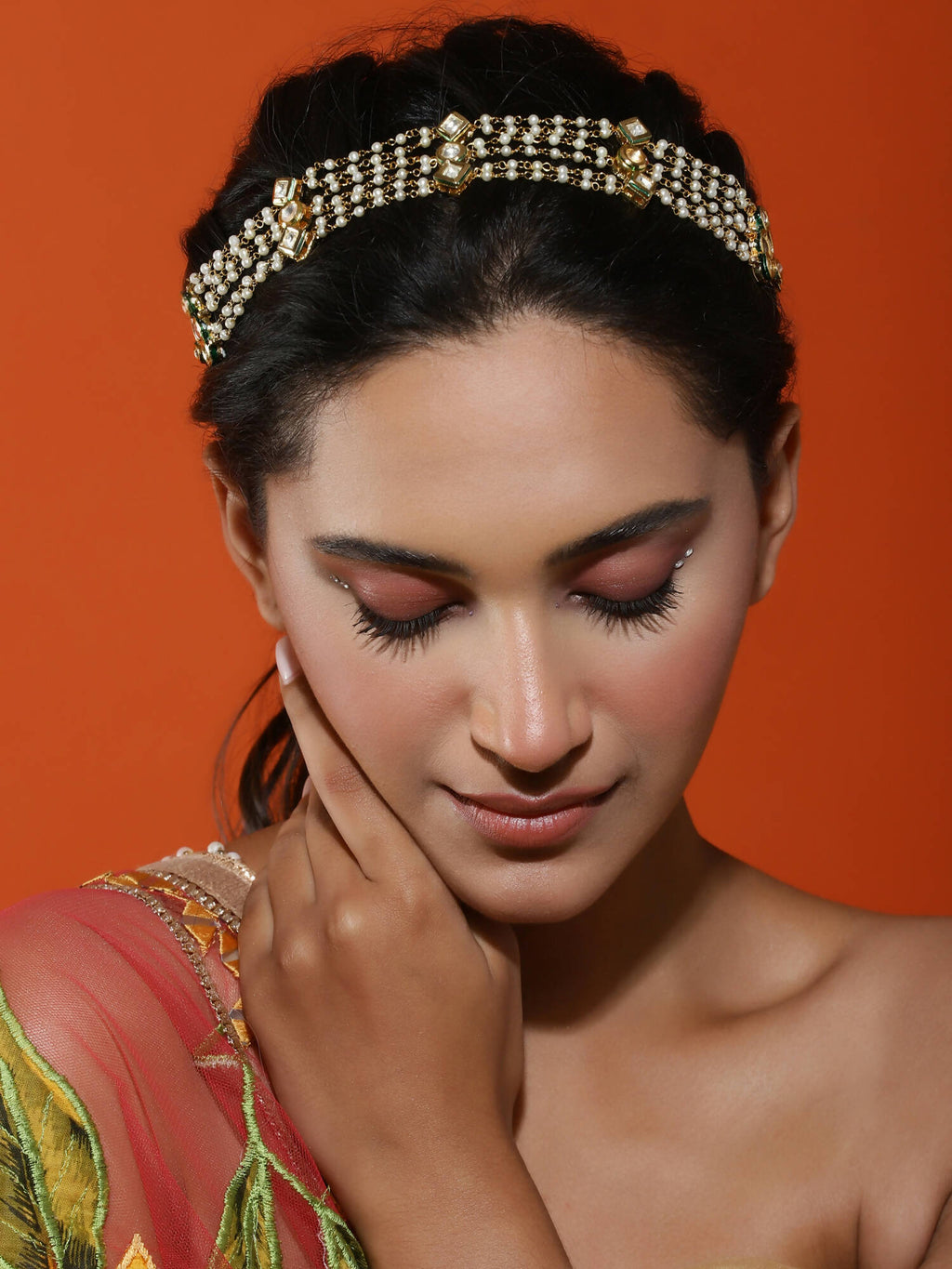 Gold-Polished White Kundan-Studded Pearl Head Chains - Ruby Raang