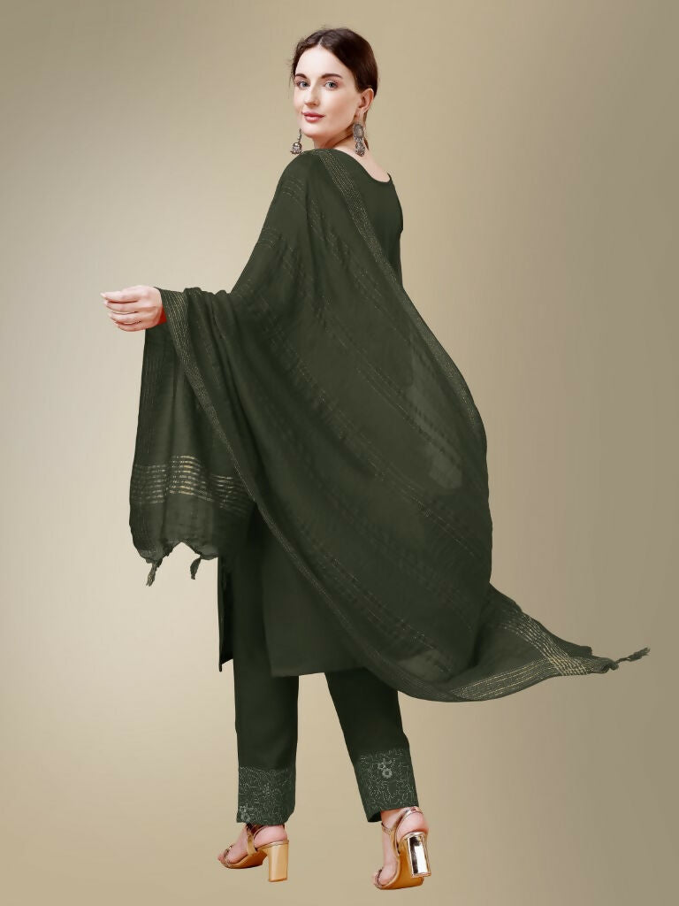 Jyoti Fashion Women's Dark Green Cotton Blend Embroidery & Fancy Lace work Kurta with Trouser & Dupatta