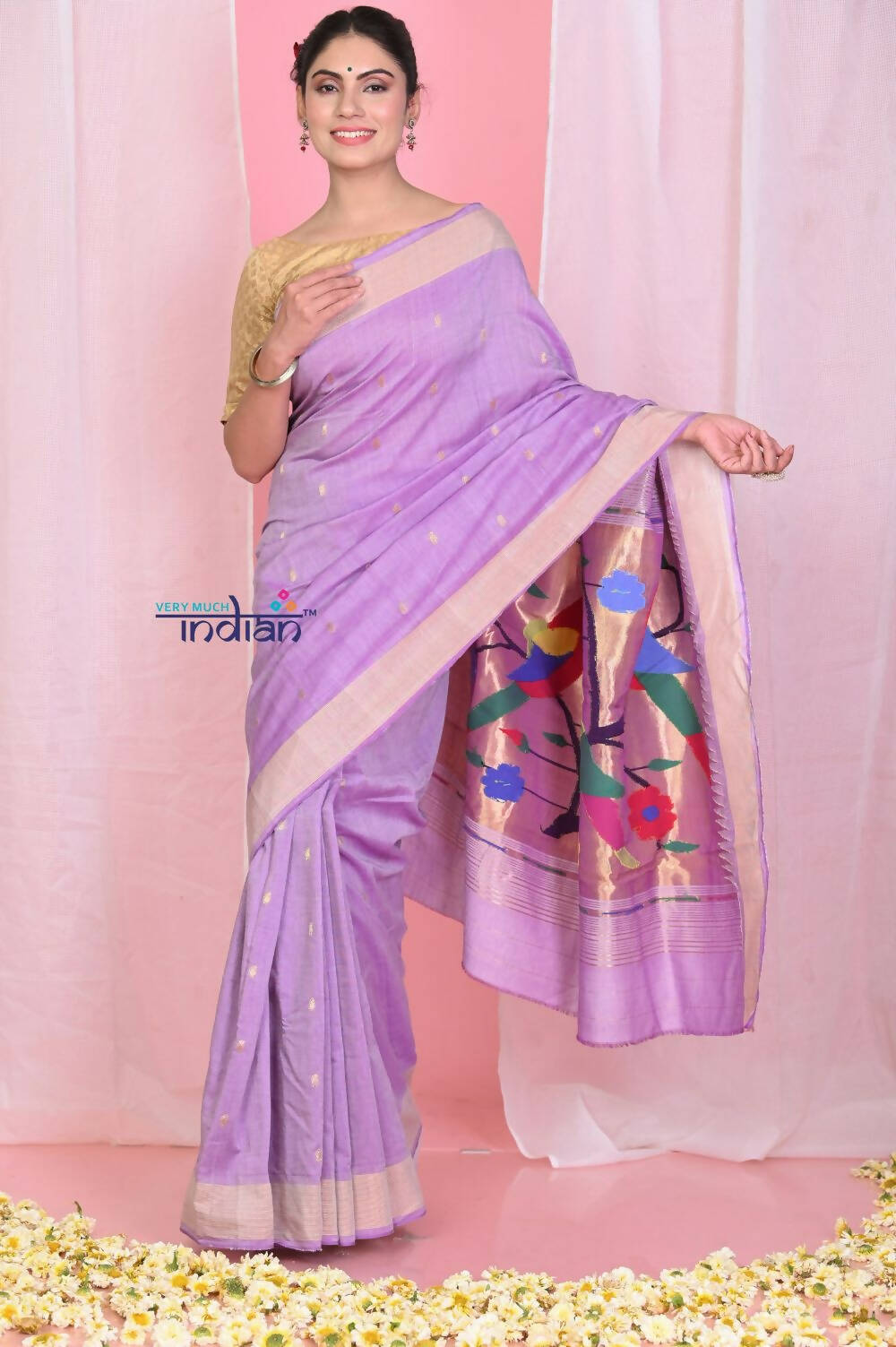 Very Much Indian Handloom Pure Cotton Paithani With Handwoven Pallu -Lilac