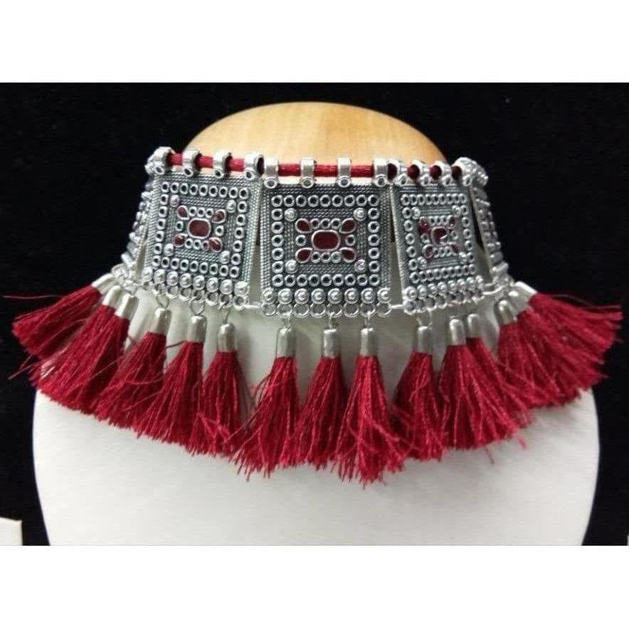 MS Fashion India Modern Threaded Oxidized Maroon and Silver Necklace